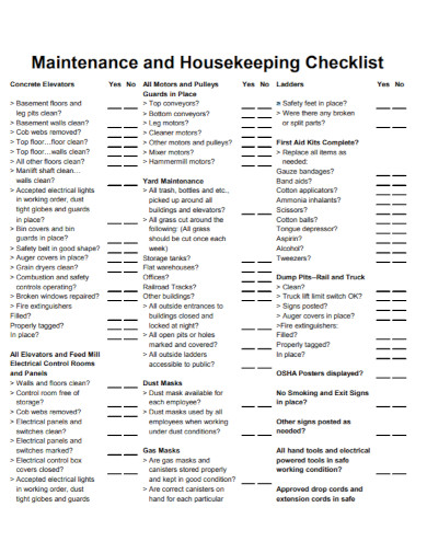 maintenance and housekeeping checklist