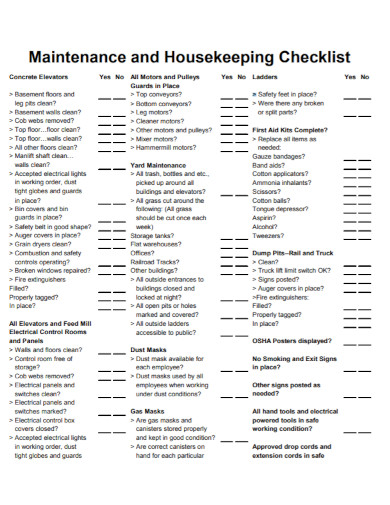 Maintenance and Housekeeping Checklist