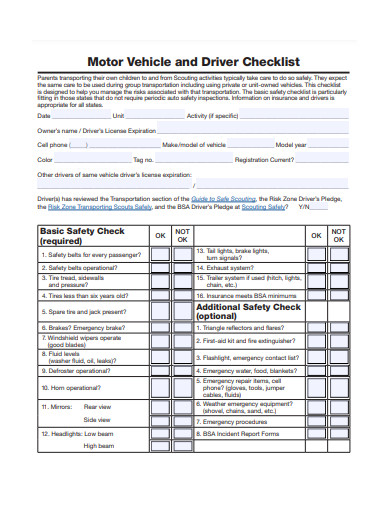 motor vehicle and driver safety checklist