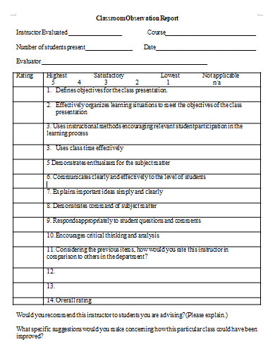 printable classroom observation report