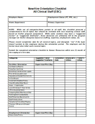 printable new hire orientation checklist