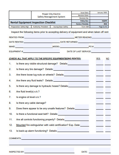 rental equipment inspection checklist