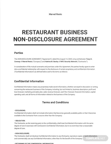 restaurant business non disclosure agreement