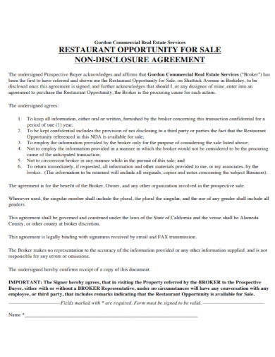 restaurant sale non disclosure agreement