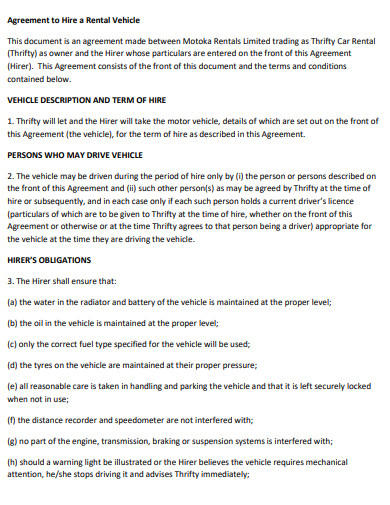 sample agreement to hire rental vehicle