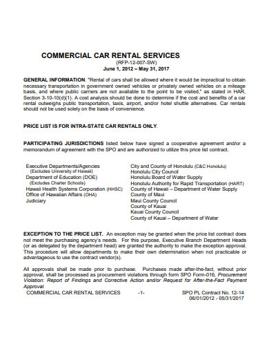 Sample Commercial Car Rental Contract