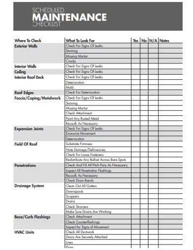 sample maintenance schedule checklist