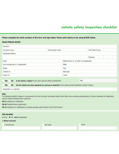 sample motor vehicle safety checklist