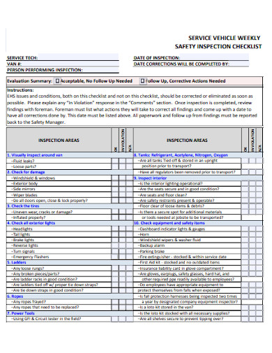 service weekly vehicle safety checklist