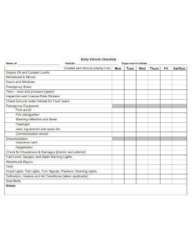 standard daily vehicle checklist 
