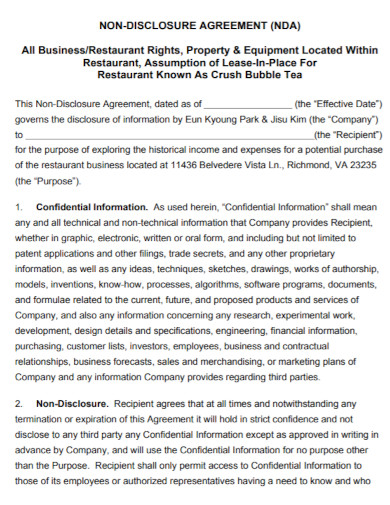 standard restaurant non disclosure agreement