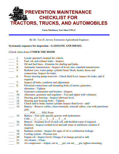 Truck Maintenance Checklist Examples In Pdf Examples