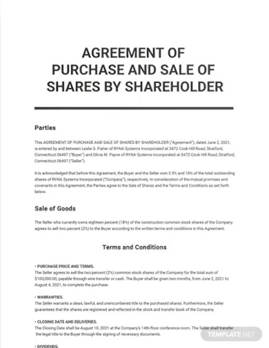 agreement of sale of shares by shareholder template