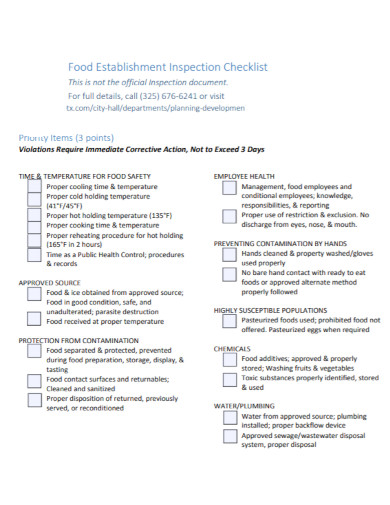 basic food safety inspection checklist