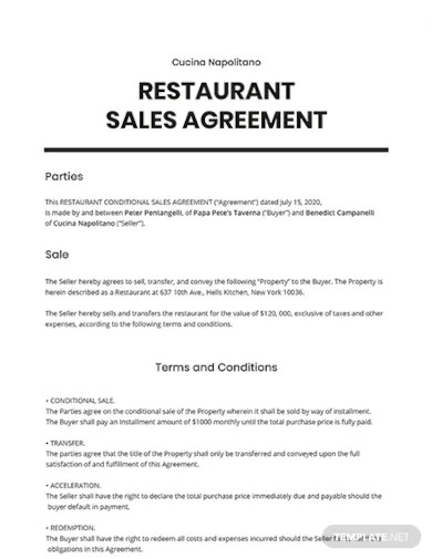 restaurant conditional sale agreement template