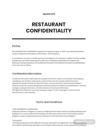 restaurant confidentiality agreement template
