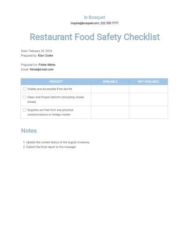 restaurant food safety checklist template