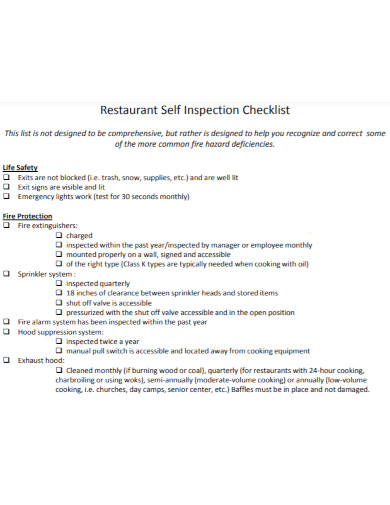 restaurant life safety checklist
