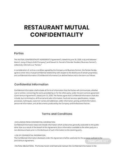 restaurant mutual confidentiality agreement template