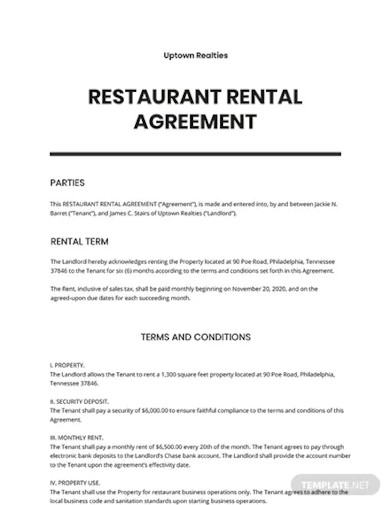 restaurant rental agreement template