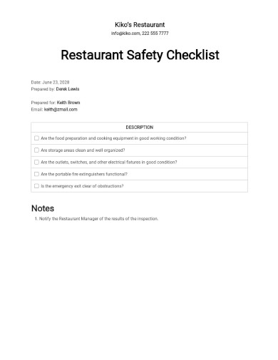 restaurant safety checklist template