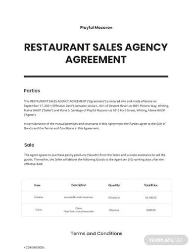 restaurant sales agency agreement template1