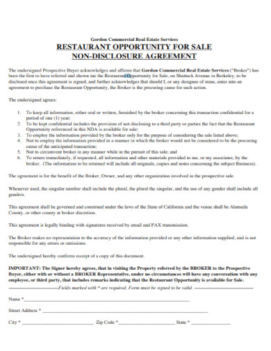 Restaurant Sales Non-Disclosure Agreement