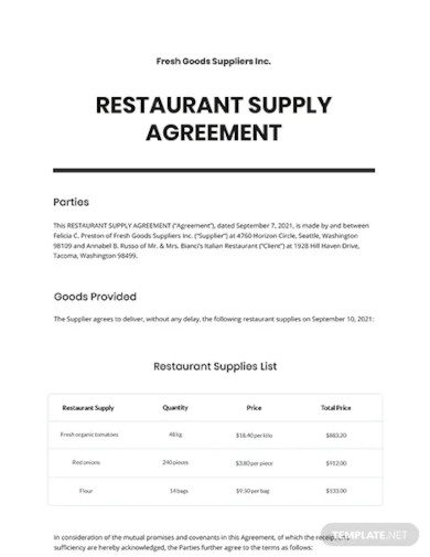restaurant supply agreement template