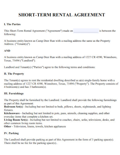 short rental agreement in pdf