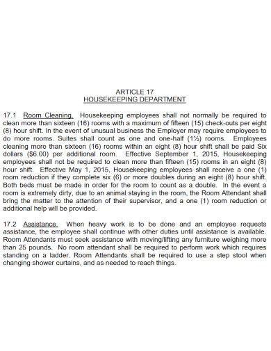 standard restaurant housekeeping agreement