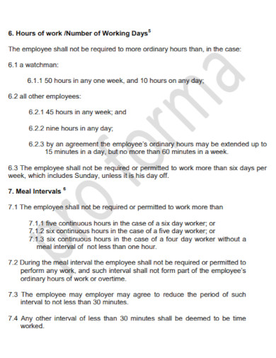 Standard Restaurant Work Agreement