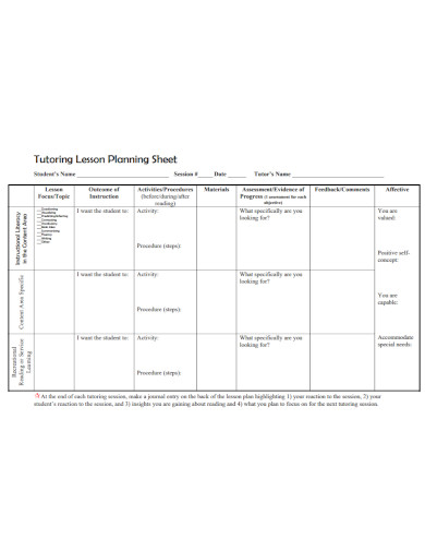 tutor lesson planning sheet