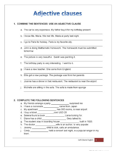 adjective clause worksheet example