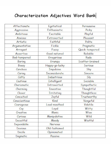 characterization adjectives word bank