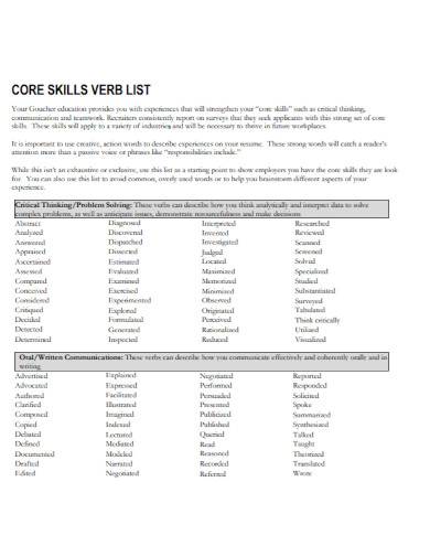 core skills verb list