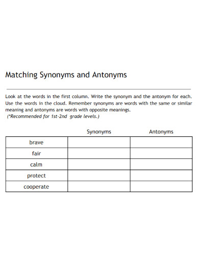 matching synonyms and antonyms