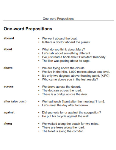 one word prepositions
