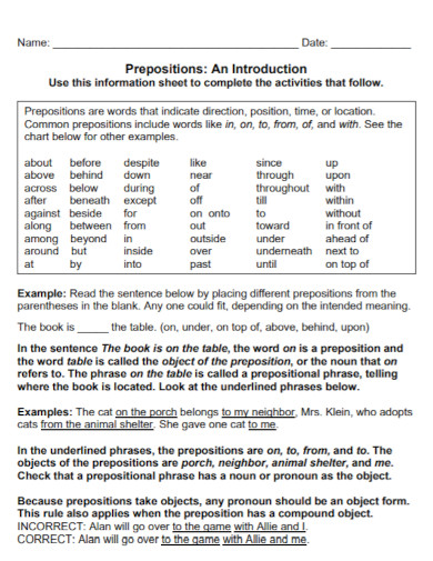 preposition information sheet