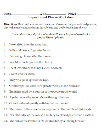 prepositional phrase worksheet
