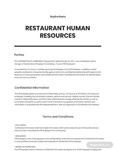 restaurant human resources confidentiality agreement template