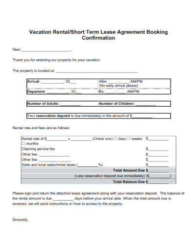 vacation rental lease agreement booking confirmation