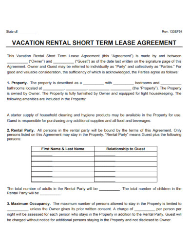 vacation rental short term lease agreement