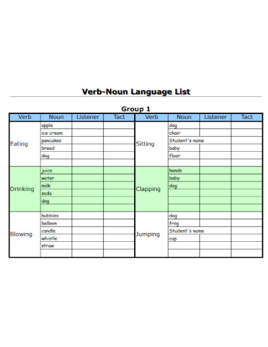 verb noun language list