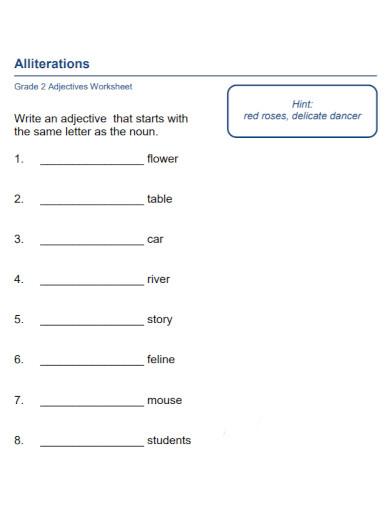 alliteration adjectives worksheet