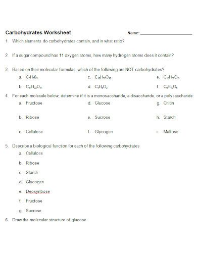 carbohydrates worksheet in doc