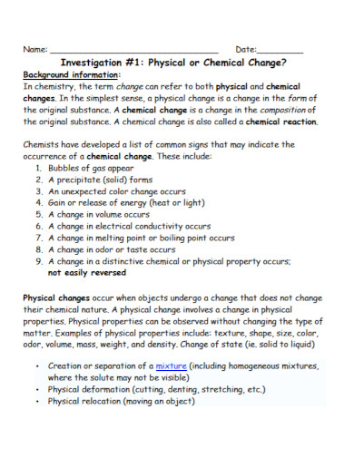 chemical change investigation