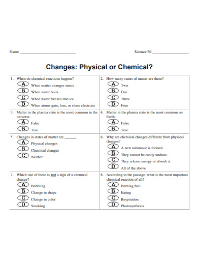 chemical change template