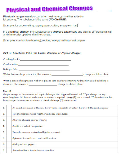 chemical changes worksheet template