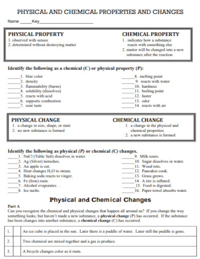 chemical changes worksheet