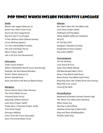 figurative language pop songs